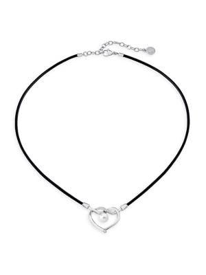 Majorica Stainless Steel, Leather & 8mm White Round Man-made Pearl Heart Pendant Necklace