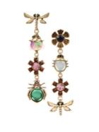 Betsey Johnson Tortifly Goldtone & Crystal Mixed Bug & Flower Charm Mismatch Linear Earrings
