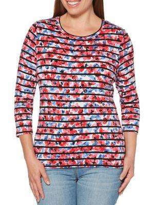 Rafaella Petite Floral Striped Cotton Blend Top