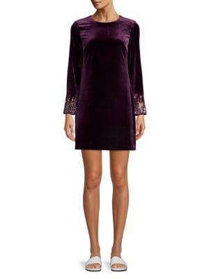 Calvin Klein Petite Embellished Long-sleeve Velvet Dress