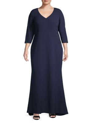 Eliza J Plus V-neck Ribbed-side Evening Gown