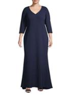 Eliza J Plus V-neck Ribbed-side Evening Gown