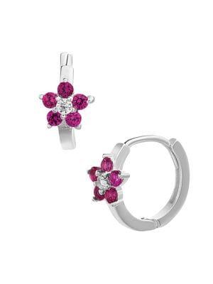 Lord & Taylor Sterling Silver & Crystal Flower Huggie Earrings