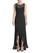 Betsy & Adam Ruffled Lace-trimmed High-low Gown