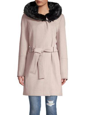 Calvin Klein Belted Faux-fur Trim Coat