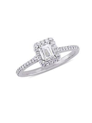 Sonatina 14k White Gold, Emerald And Round Diamond Halo Engagement Ring