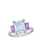 Sonatina Sterling Silver Aquamarine & Rose De France 3-stone Engagement Ring