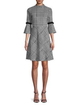 Ivanka Trump Velvet-trimmed Plaid Bell-sleeve A-line Dress