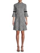 Ivanka Trump Velvet-trimmed Plaid Bell-sleeve A-line Dress