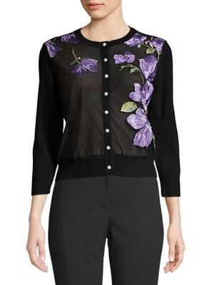 Karl Lagerfeld Paris Floral Embroidered Mesh Cardigan