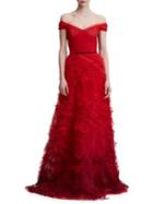 Marchesa Notte Off-the-shoulder Tiered Ruffle Gown