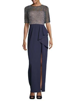 Xscape Embellished Mesh & Ruffled Slit Combo Gown
