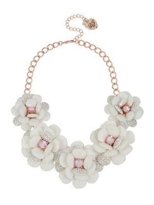 Betsey Johnson White Flowers Pave Crystal Statement Frontal Necklace