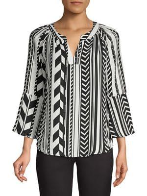 Spense Printed Splitneck Ruffle-cuff Blouse