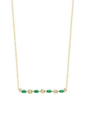 Lord & Taylor 14k Yellow Gold Diamond And Emerald Bar Necklace