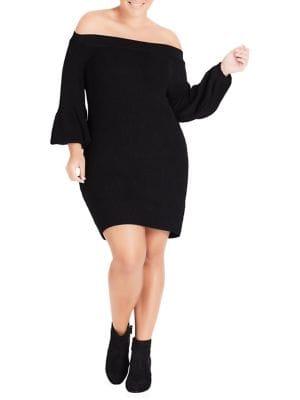 City Chic Plus Off-the-shoulders Knit Bell Sleeve Dress