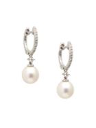 Effy 14k White Gold, 7mm Freshwater Pearl & Diamond Drop Earrings