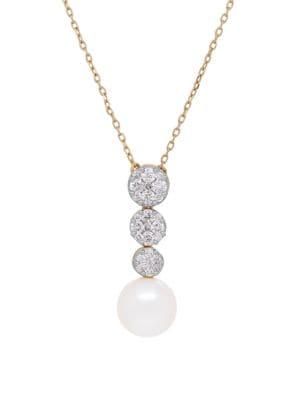 Lord & Taylor 14k Yellow Gold, Diamond & Pearl Pendant Necklace