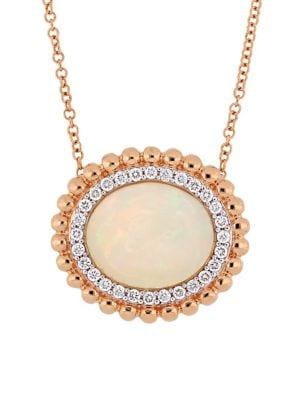 Sonatina 14k Rose Gold, Oval-cut Blue-hued Opal & Diamond Halo Necklace