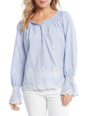 Karen Kane Embroidered Bell-sleeve Cotton Peasant Top