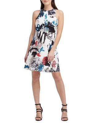 Donna Karan Mixed-print Sleeveless Fit-and-flare Dress
