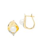 Lord & Taylor 6 - 6.5mm Round Freshwater Pearl, Diamonds And 14k Yellow Gold Earrings