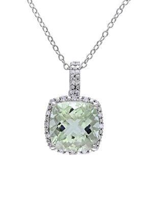 Sonatina Sterling Silver, Green Amethyst & 0.1 Tcw Diamond Halo Pendant Necklace