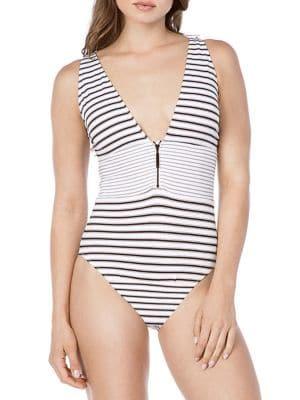 Lauren Ralph Lauren Harrison Stripe One-piece Zip Swimsuit