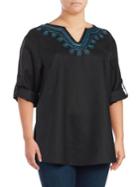 Lord & Taylor Plus Embroidered Splitneck Top
