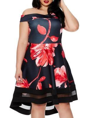 Quiz Curve Plus Floral-print Dip Hem Fit-&-flare Bardot Dress
