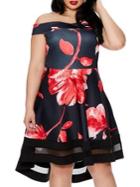 Quiz Curve Plus Floral-print Dip Hem Fit-&-flare Bardot Dress