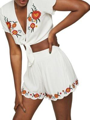 Miss Selfridge Embroidered Tie Front Crop Top