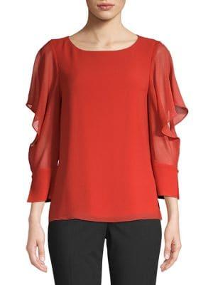 H Halston Ruffle Three-quarter Sleeve Top