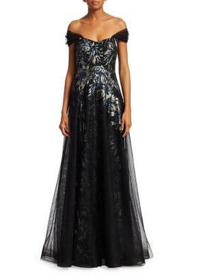 Teri Jon Print Sequin Tulle Gown
