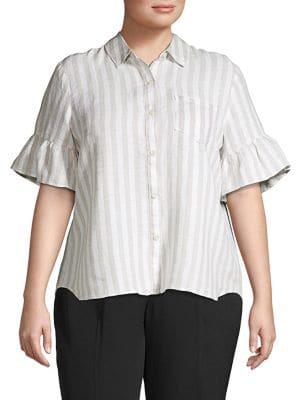 Lord & Taylor Plus Linen Ruffle Button Front Blouse