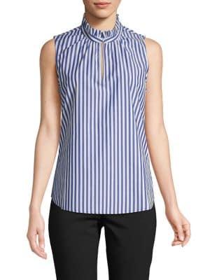 Imnyc Isaac Mizrahi Ruffle Collar Striped Blouse