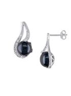 Sonatina Sterling Silver, 9-9.5mm Black Button Pearl & Diamond Drop Earrings