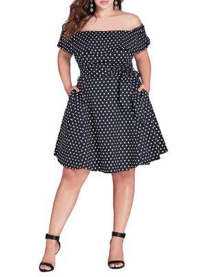 City Chic Plus Polka-dot Off-shoulder Dress