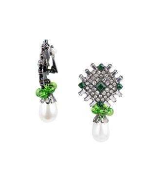 Kenneth Jay Lane White Faux Pearl And Crystal Clip-on Drop Earrings