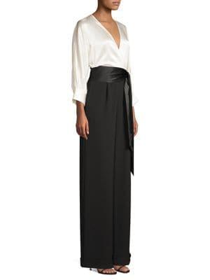 Diane Von Furstenberg Marle Long-sleeve Satin Faux Wrap Jumpsuit