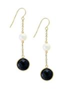 Effy 14k Yellow Gold, 6mm Freshwater Pearl And Onyx Drop Earrings