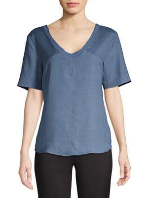 Joan Vass Classic V-neck Linen Blend Top
