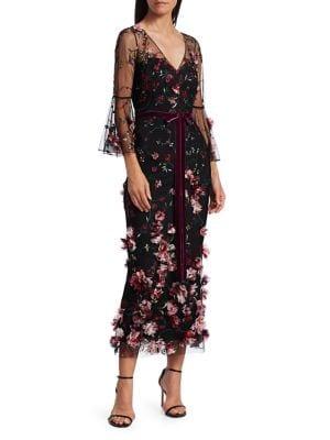 Marchesa Notte Bell-sleeve Embellished Cocktail Dress