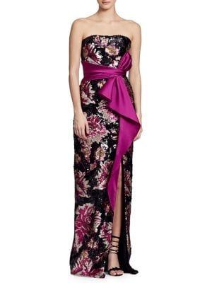 Marchesa Notte Strapless Sequin Belted Column Gown