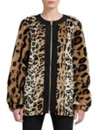 Donna Karan Faux Fur Leopard Print Zip Coat