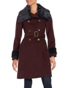 Vince Camuto Faux Fur Trim Double Breasted Belted Coat