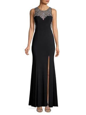 Betsy & Adam Embellished Leg Slit Gown