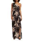 Halston Heritage One-shoulder Graphic Printed Gown