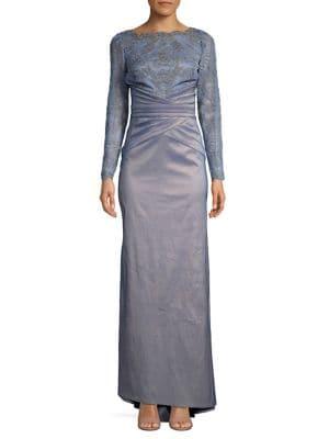 Tadashi Shoji Scalloped Lace Long-sleeve Gown