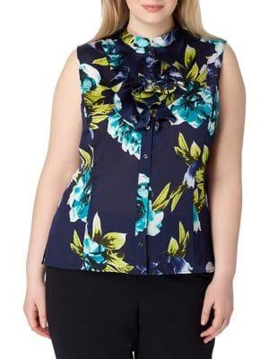 Tahari Arthur S. Levine Plus Mandarin-collar Floral Blouse